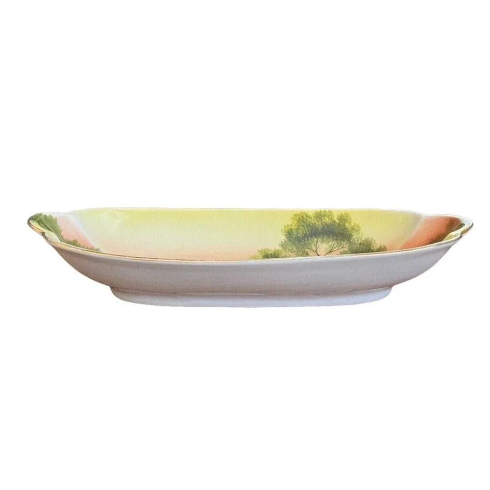 Vintage Noritake Celery Dish Lake Sunset Cottage Scene Hand Painted 12